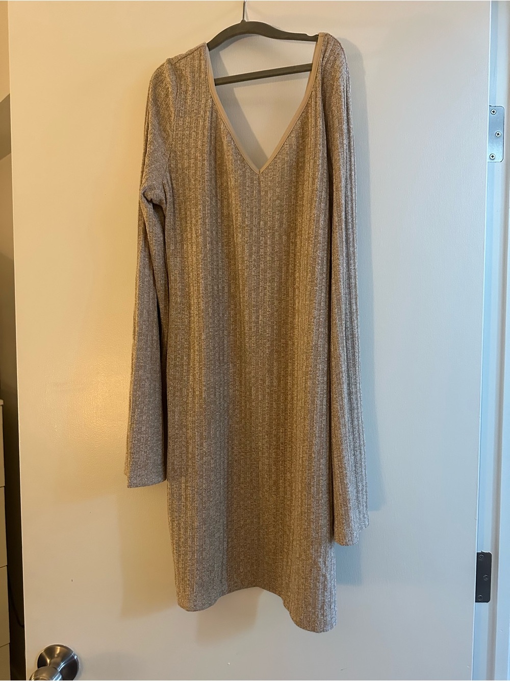 V-Neck Long Sleeve Knit Dress in Beige